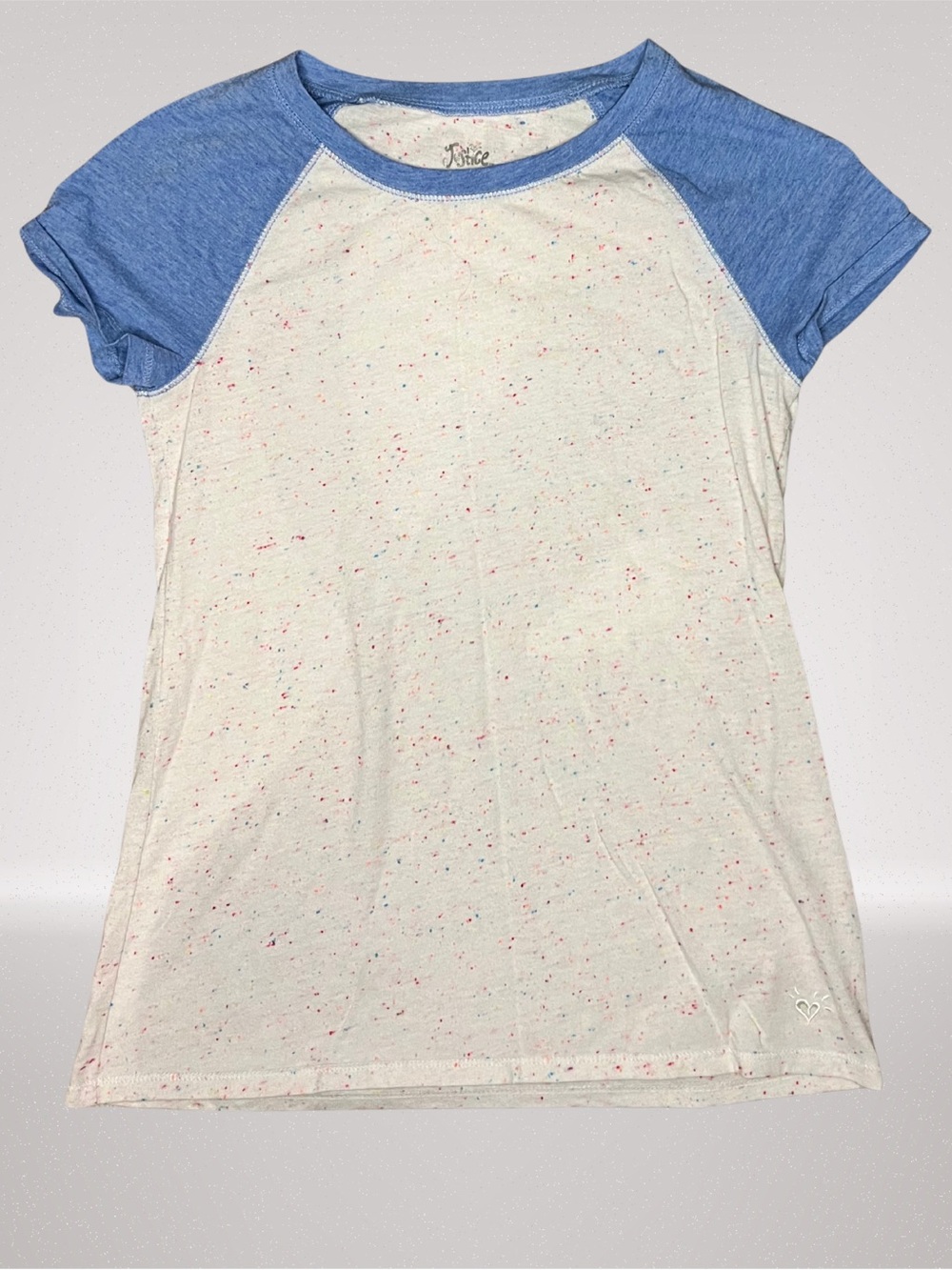 Justice Girls Size 12 Blue Cream Speckled Raglan Short Sleeve T-Shirt